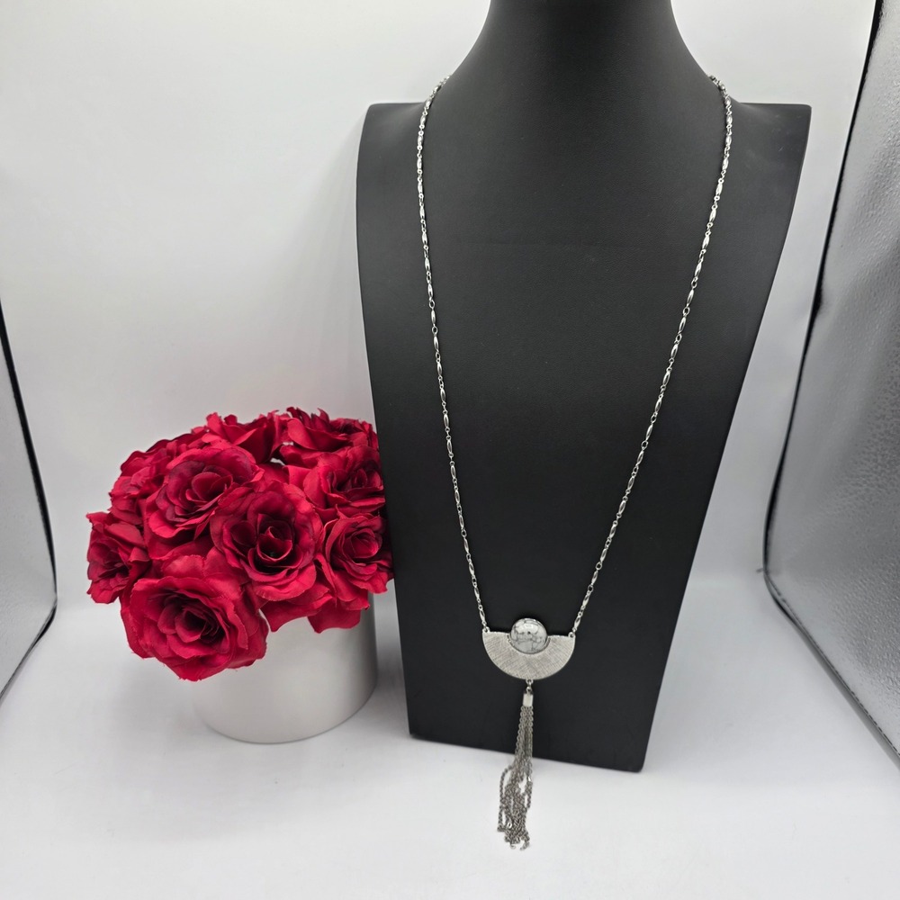 White House Black Market Silver Tone Marbled Stone Tassel Pendant Necklace Long